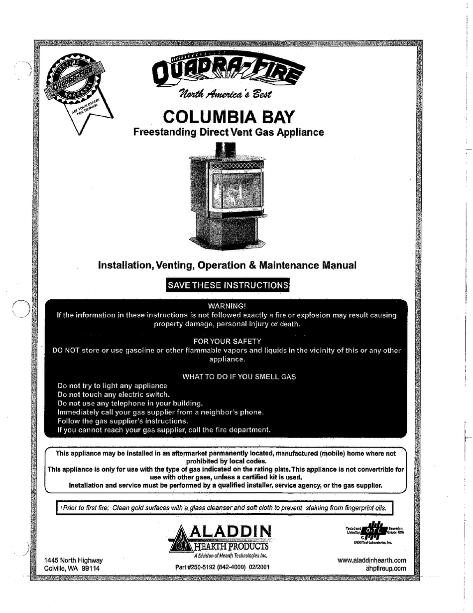 QUADRA-FIRE COLUMBIA BAY INSTALLATION, VENTING, OPERATION u0026 MAINTENANCE  MANUAL Pdf Download | ManualsLib
