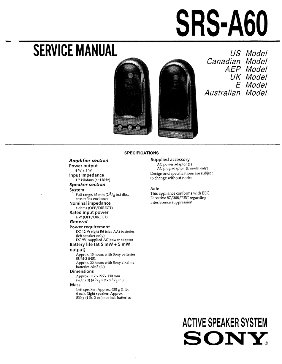 SONY SRS-A60 SERVICE MANUAL Pdf Download | ManualsLib