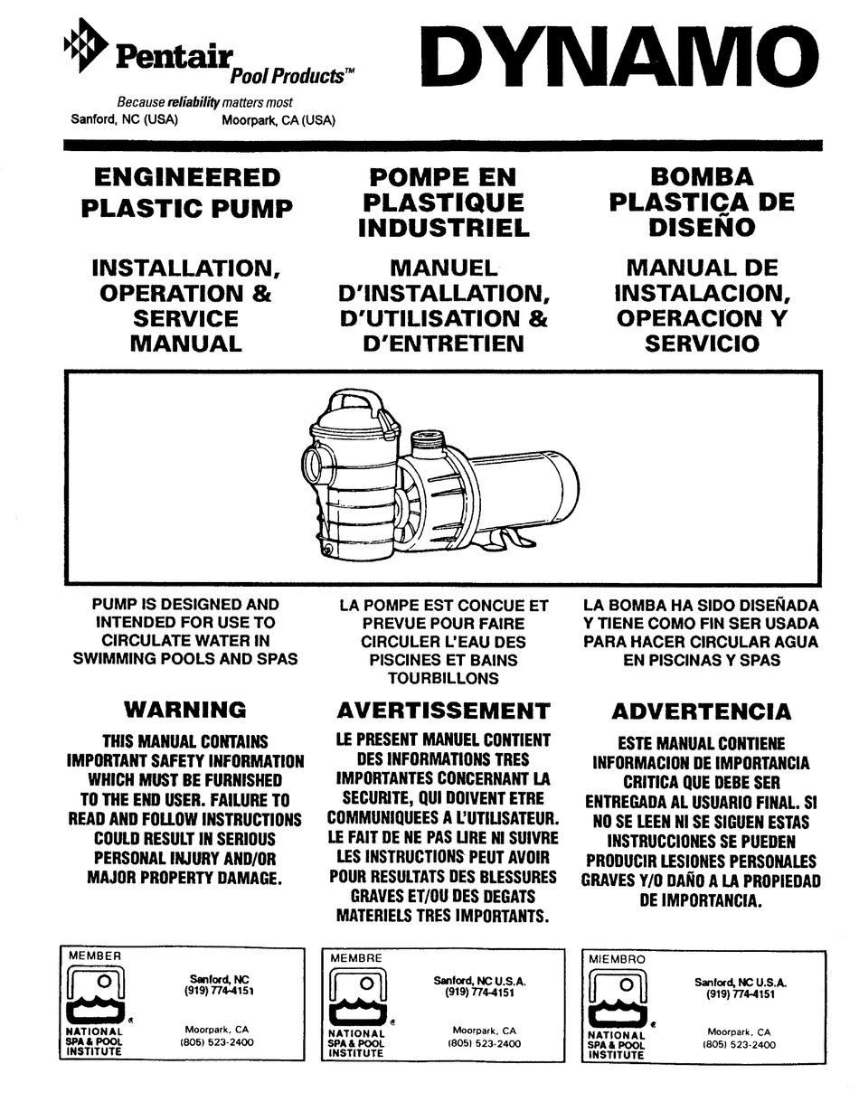 Pentair Pool Products Dynamo Installation Operation Service Manual Pdf Download Manualslib