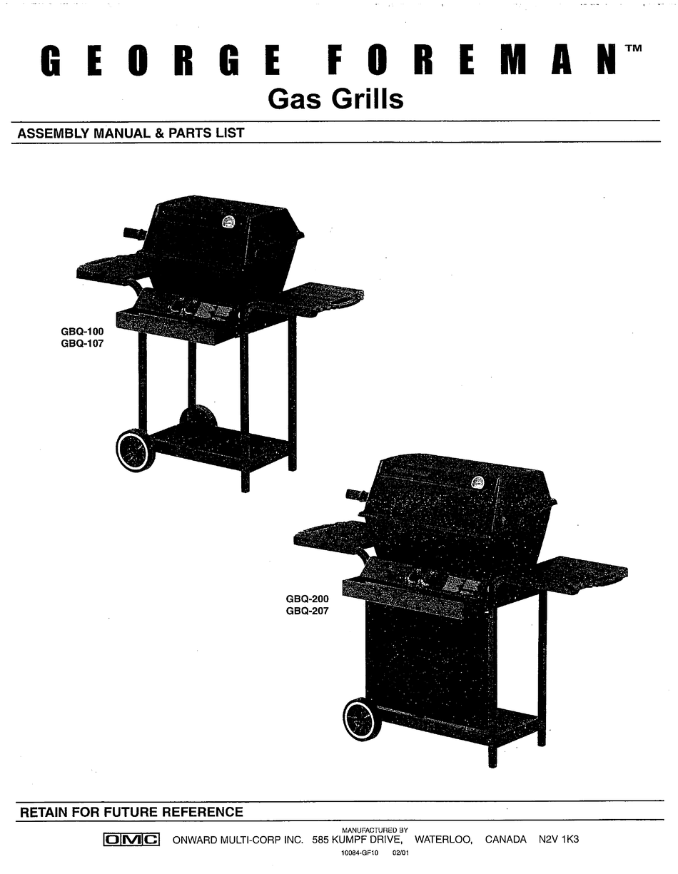 GEORGE FOREMAN GBQ-100 ASSEMBLY MANUAL & PARTS LIST Pdf Download