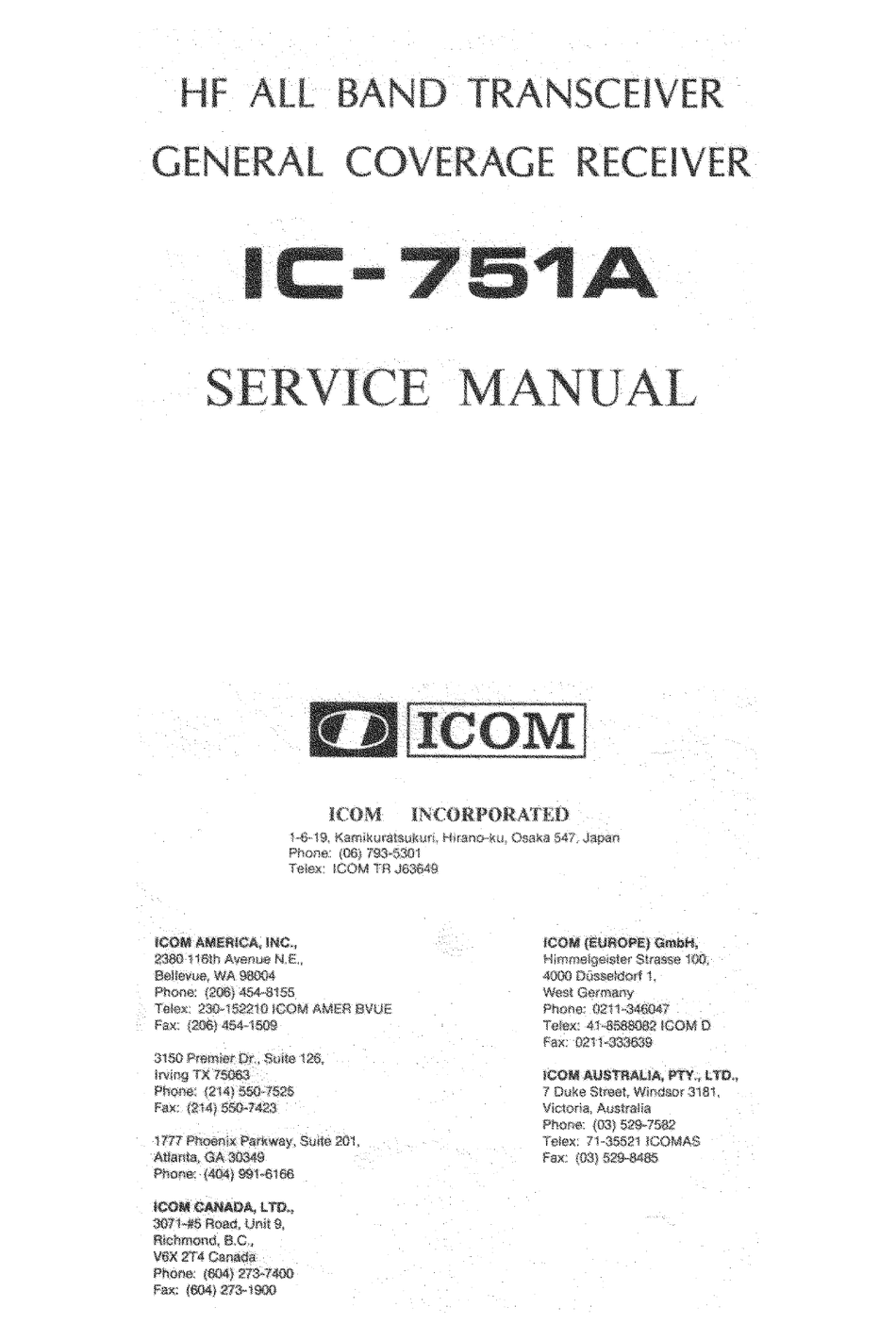 Premium Card Stock Covers & 32 LB Paper! Icom IC-751A Instruction manual 
