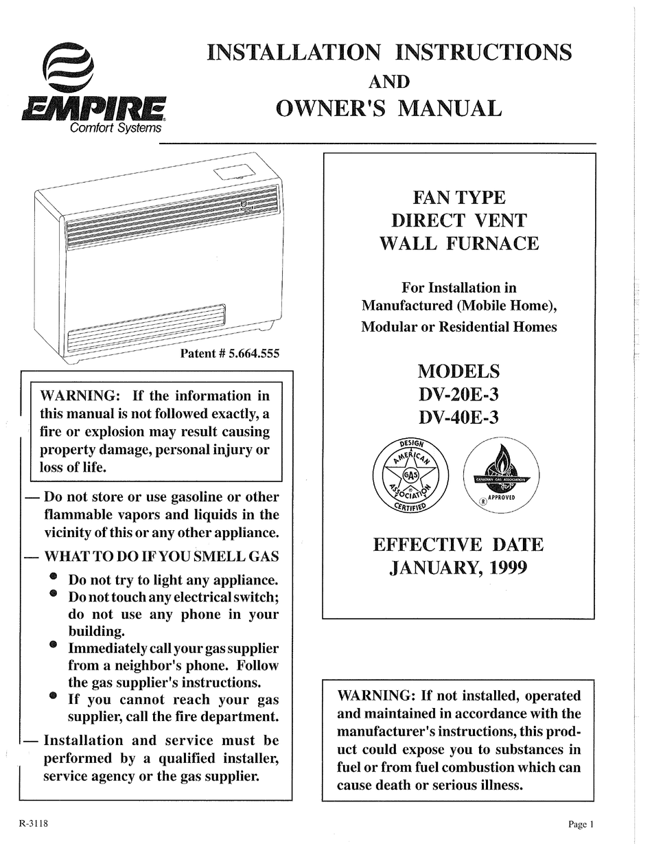 EMPIRE COMFORT SYSTEMS DV-20E-3 INSTALLATION INSTRUCTIONS AND OWNER'S ...