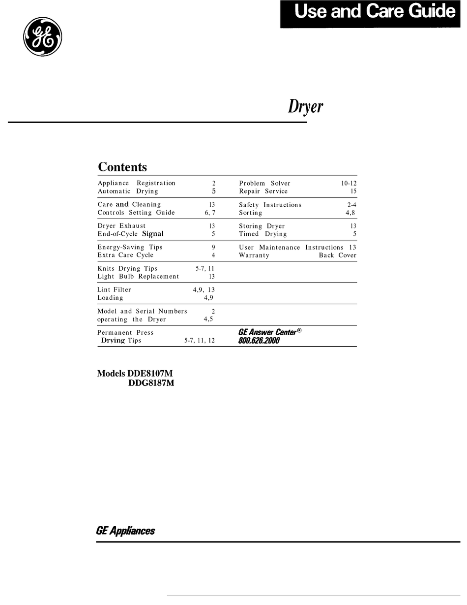 GE DDE8107M USE AND CARE MANUAL Pdf Download ManualsLib