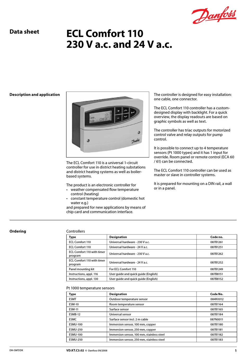 DANFOSS ECL COMFORT 110 DATASHEET Pdf Download | ManualsLib