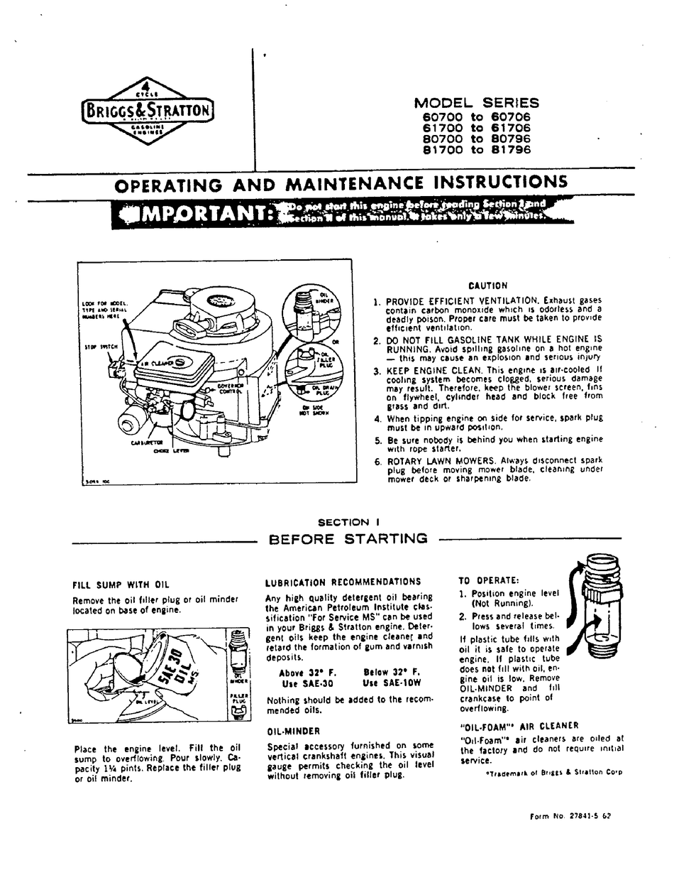 BRIGGS & STRATTON 60700 SERIES OPERATING AND MAINTENANCE INSTRUCTIONS ...