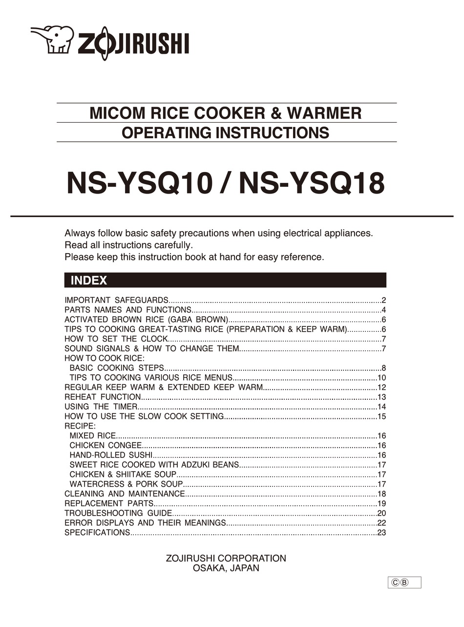 ZOJIRUSHI NS-YSQ10 OPERATING INSTRUCTIONS MANUAL Pdf Download | ManualsLib