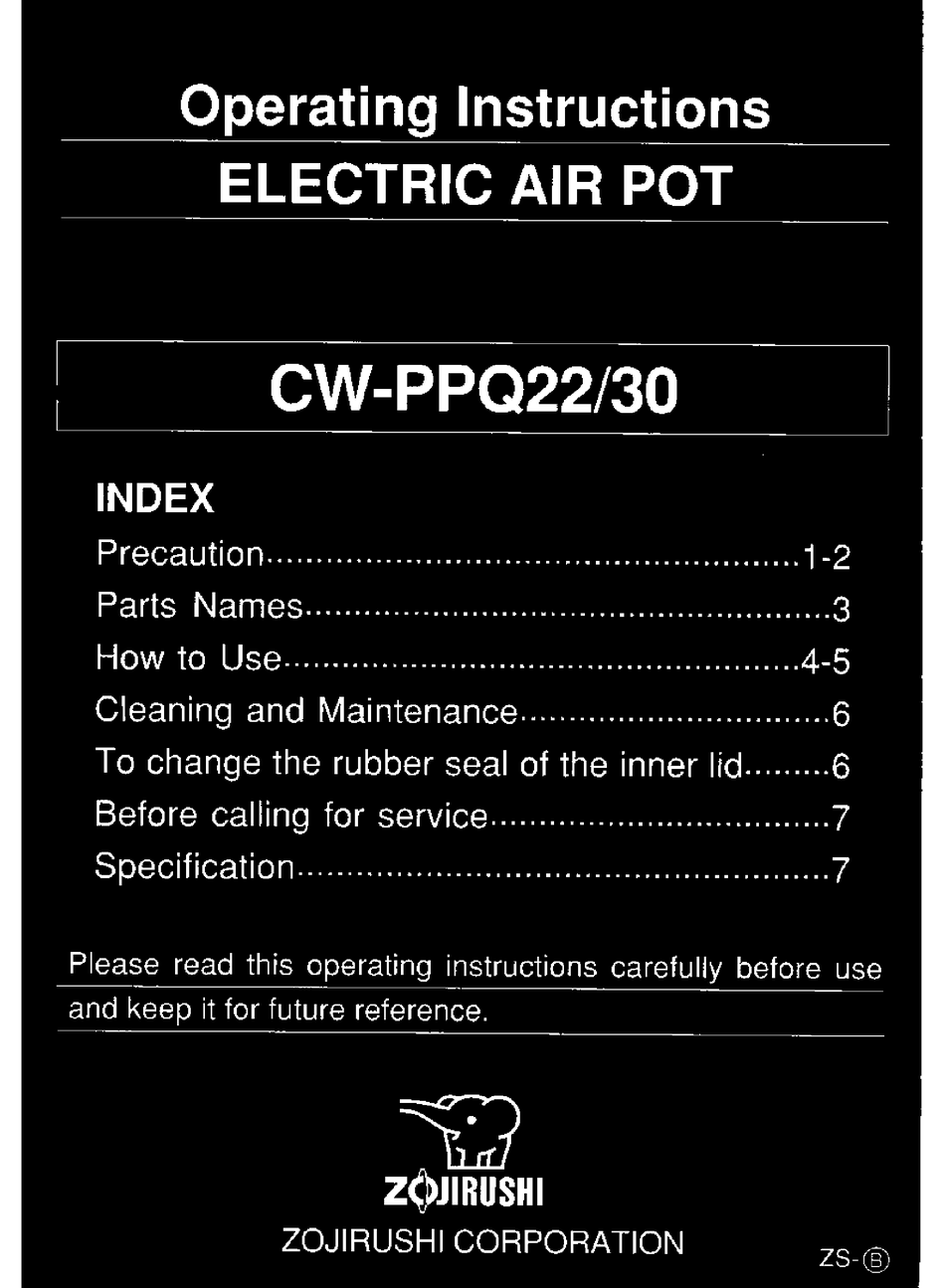 ZOJIRUSHI CWPPQ22 OPERATING INSTRUCTIONS MANUAL Pdf Download ManualsLib