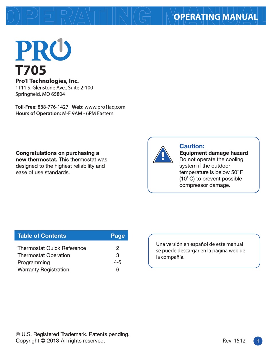 PRO1 IAQ T705 OPERATING MANUAL Pdf Download | ManualsLib