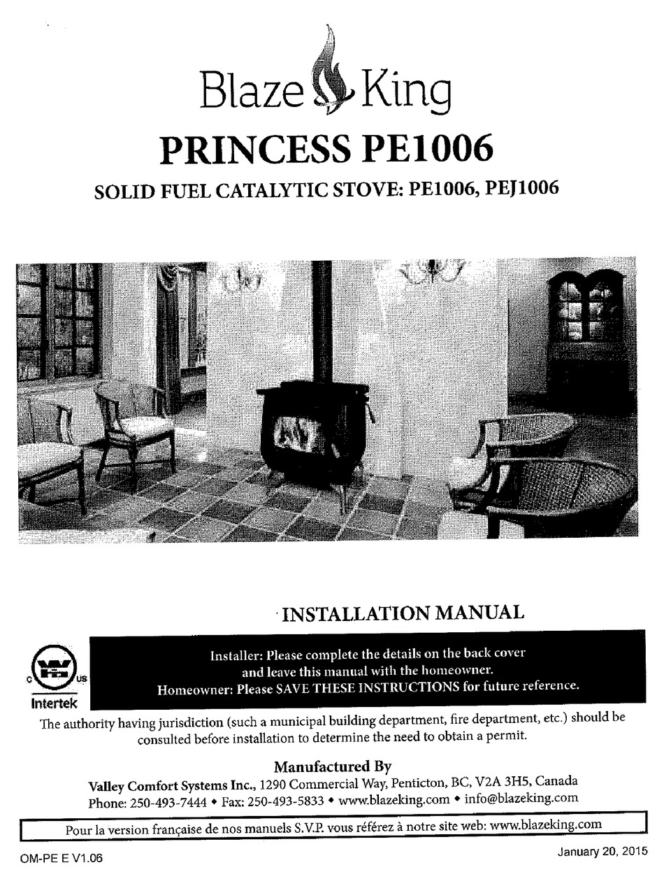 BLAZE KING PRINCESS PE1006 INSTALLATION MANUAL Pdf Download ManualsLib