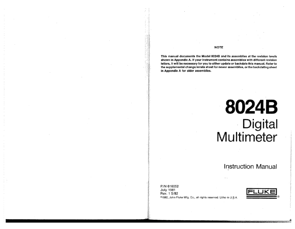 FLUKE 8024B DIGITAL  MULTIMETER Instruction Manual Service & Operating 