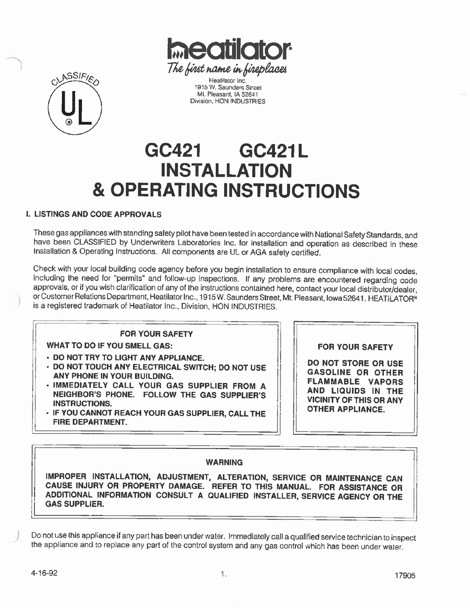 HEATILATOR GC421 INSTALLATION & OPERATING INSTRUCTIONS MANUAL Pdf