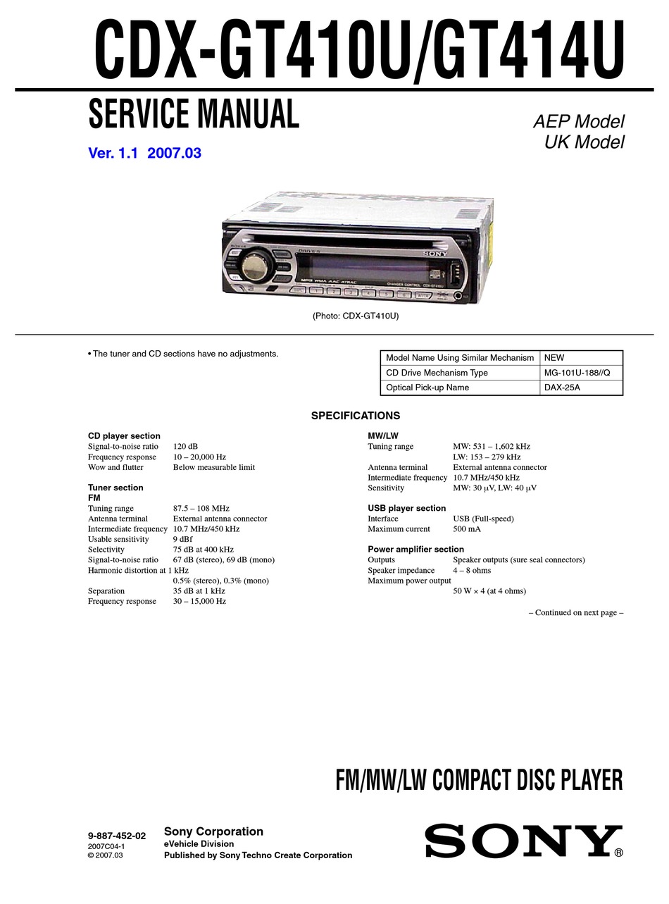 Sony Cdx Gt414u Service Manual Pdf