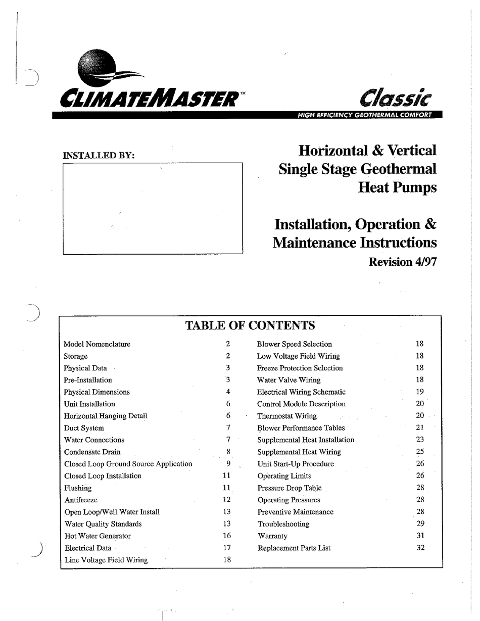 CLIMATEMASTER VP030 INSTALLATION, OPERATION, & MAINTENANCE INSTRUCTION