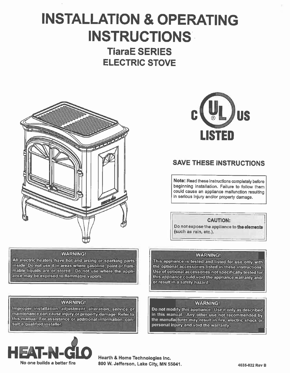HEAT & GLO TIARAE SERIES INSTALLATION & OPERATING INSTRUCTIONS MANUAL
