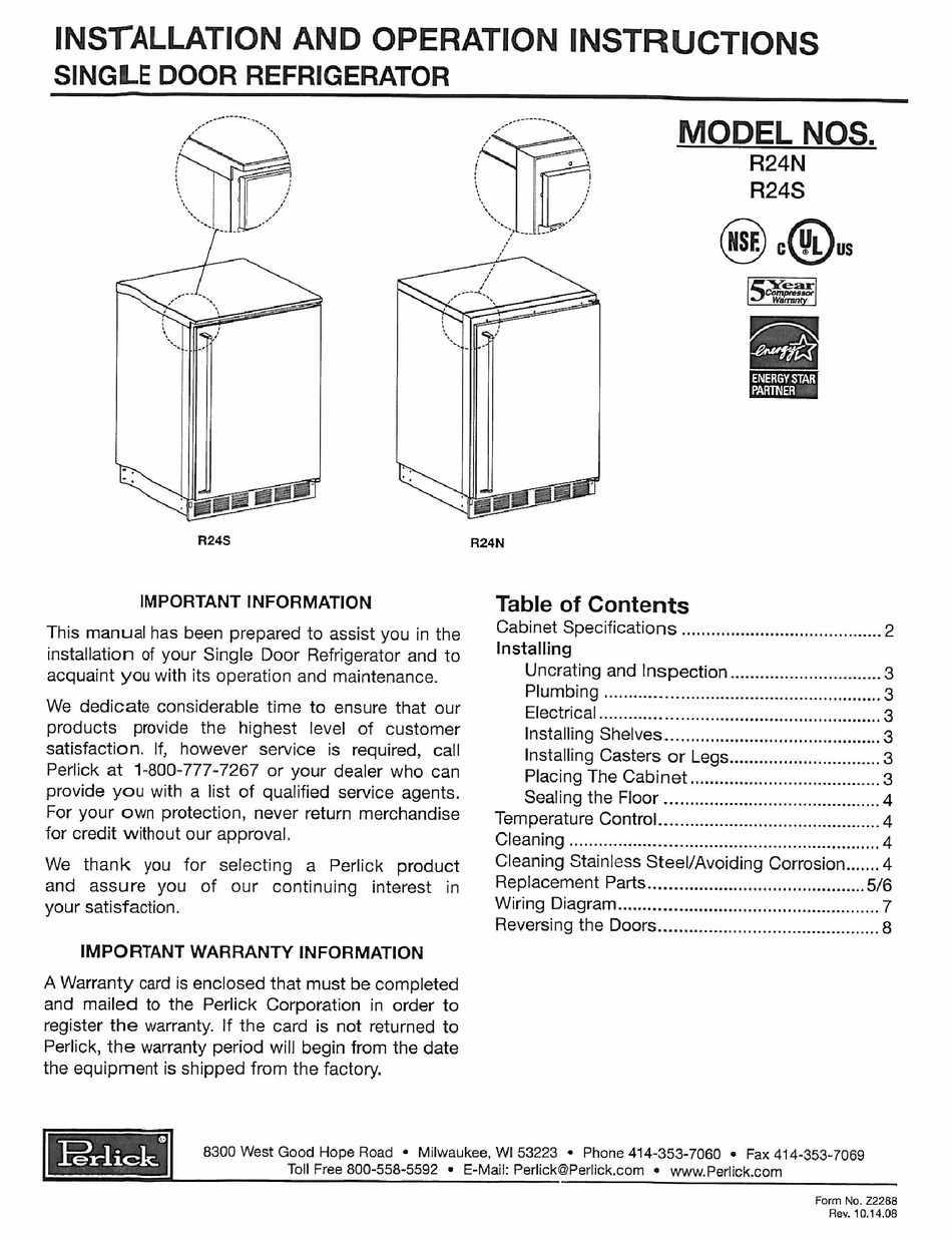 PERLICK R24N INSTALLATION AND OPERATION INSTRUCTIONS MANUAL Pdf