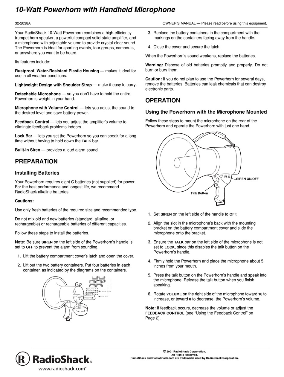 RADIO SHACK 10-WATT POWERHORN WITH HANDHELD MICROPHONE OWNER'S MANUAL ...