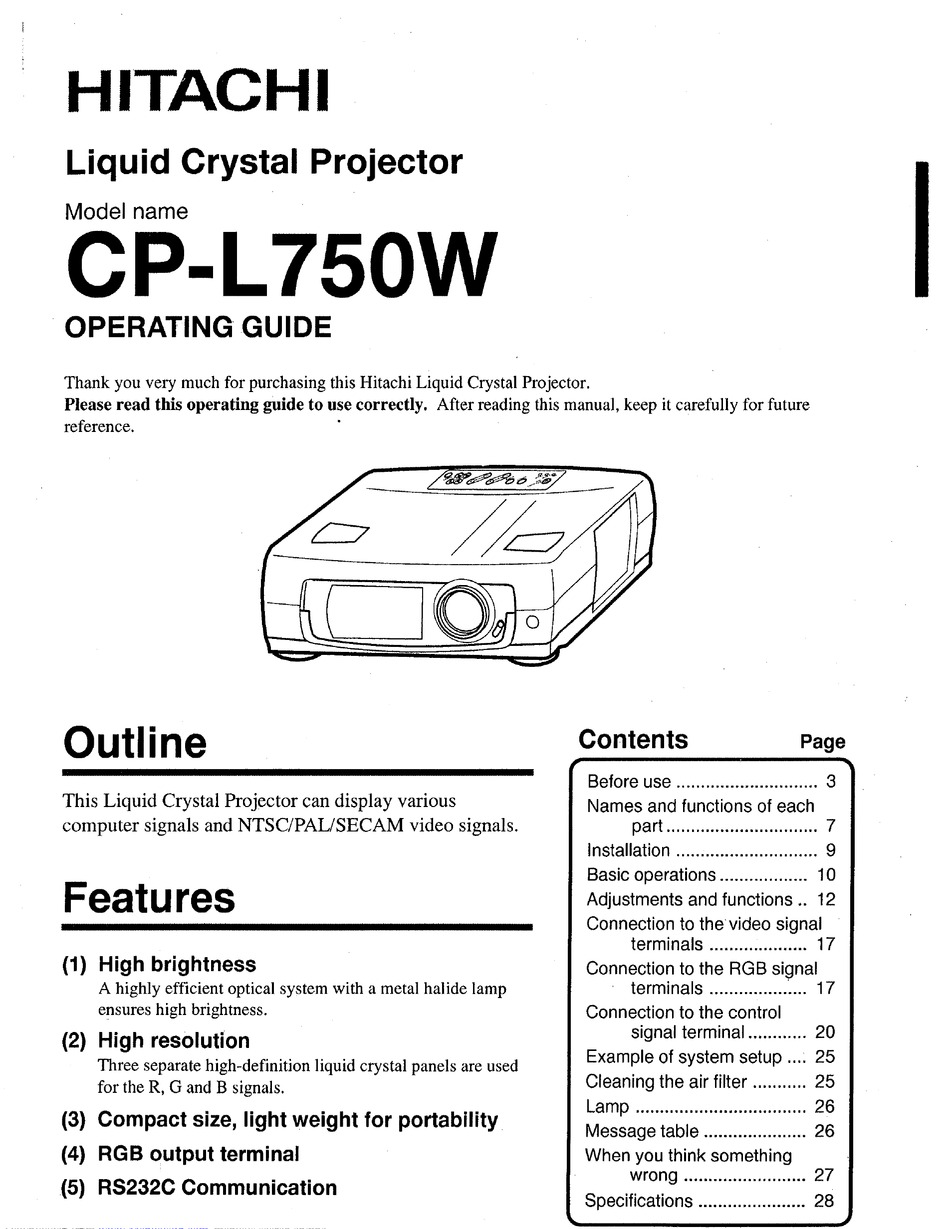 HITACHI CPL750W OPERATING MANUAL Pdf Download ManualsLib