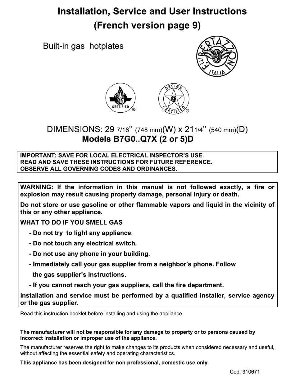BERTAZZONI B7G0..G7X5D INSTALLATION, SERVICE AND USER INSTRUCTIONS