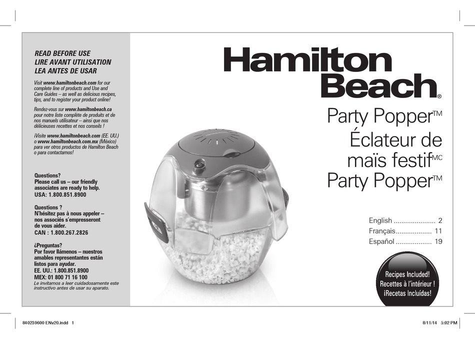 HAMILTON BEACH PARTY POPPER USER MANUAL Pdf Download ManualsLib