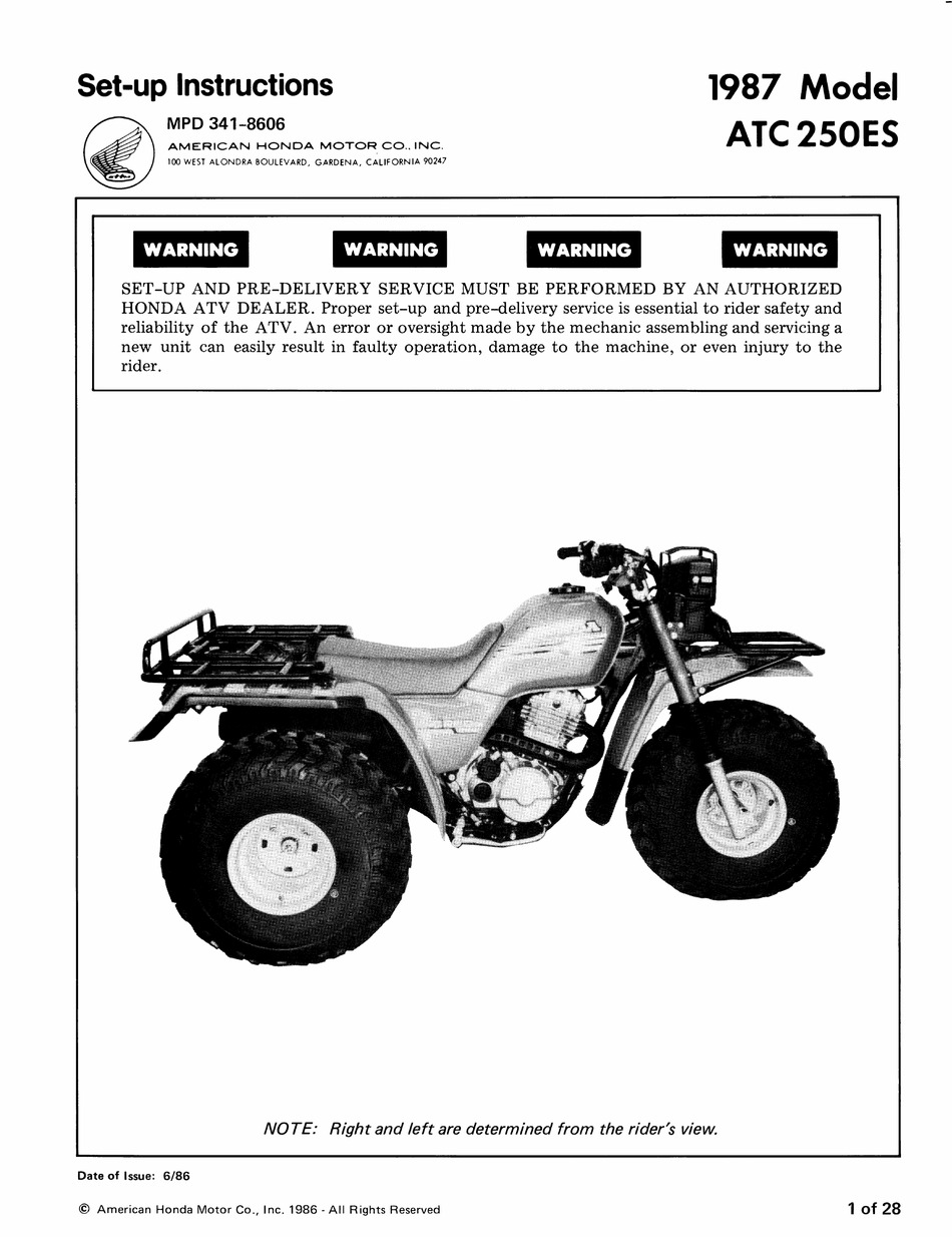 HONDA ATC 250ES 1987 SETUP INSTRUCTIONS Pdf Download ManualsLib