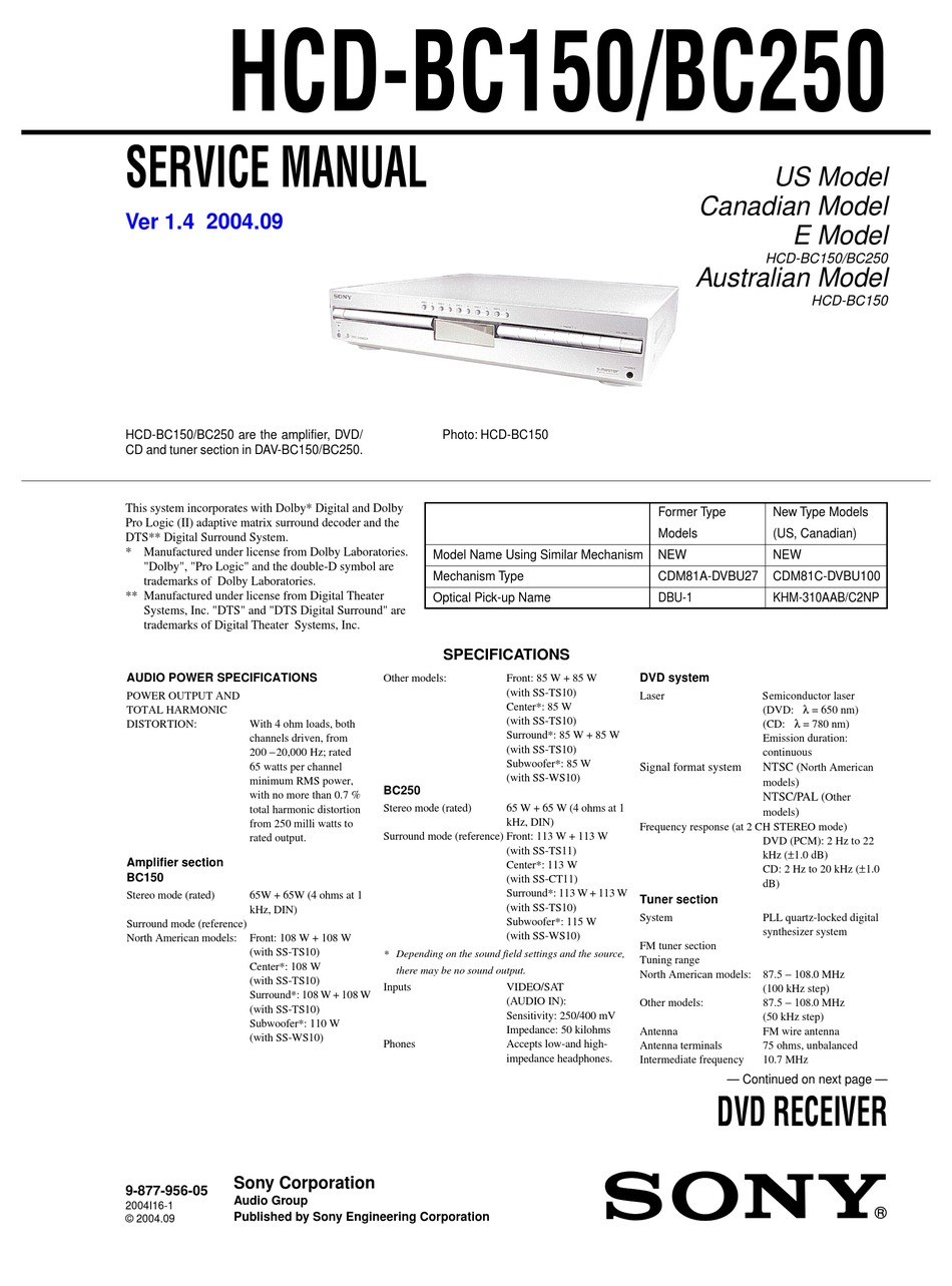 SONY HCD-BC150 SERVICE MANUAL Pdf Download | ManualsLib