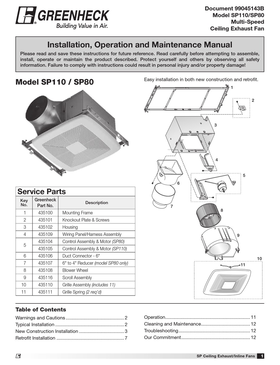 GREENHECK SP110 INSTALLATION, OPERATION AND MAINTANANCE MANUAL Pdf ...