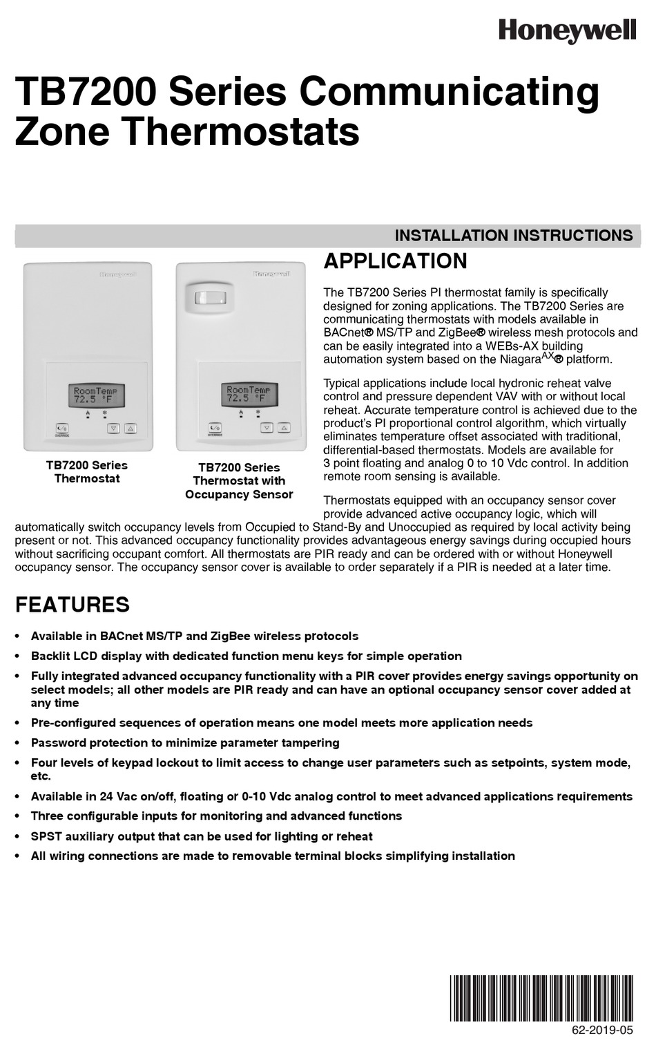 HONEYWELL TB7200 SERIES INSTALLATION INSTRUCTIONS MANUAL Pdf Download