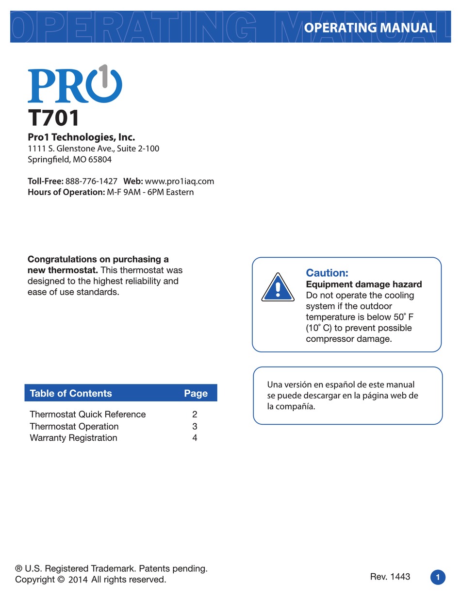 PRO1 IAQ T701 OPERATING MANUAL Pdf Download | ManualsLib