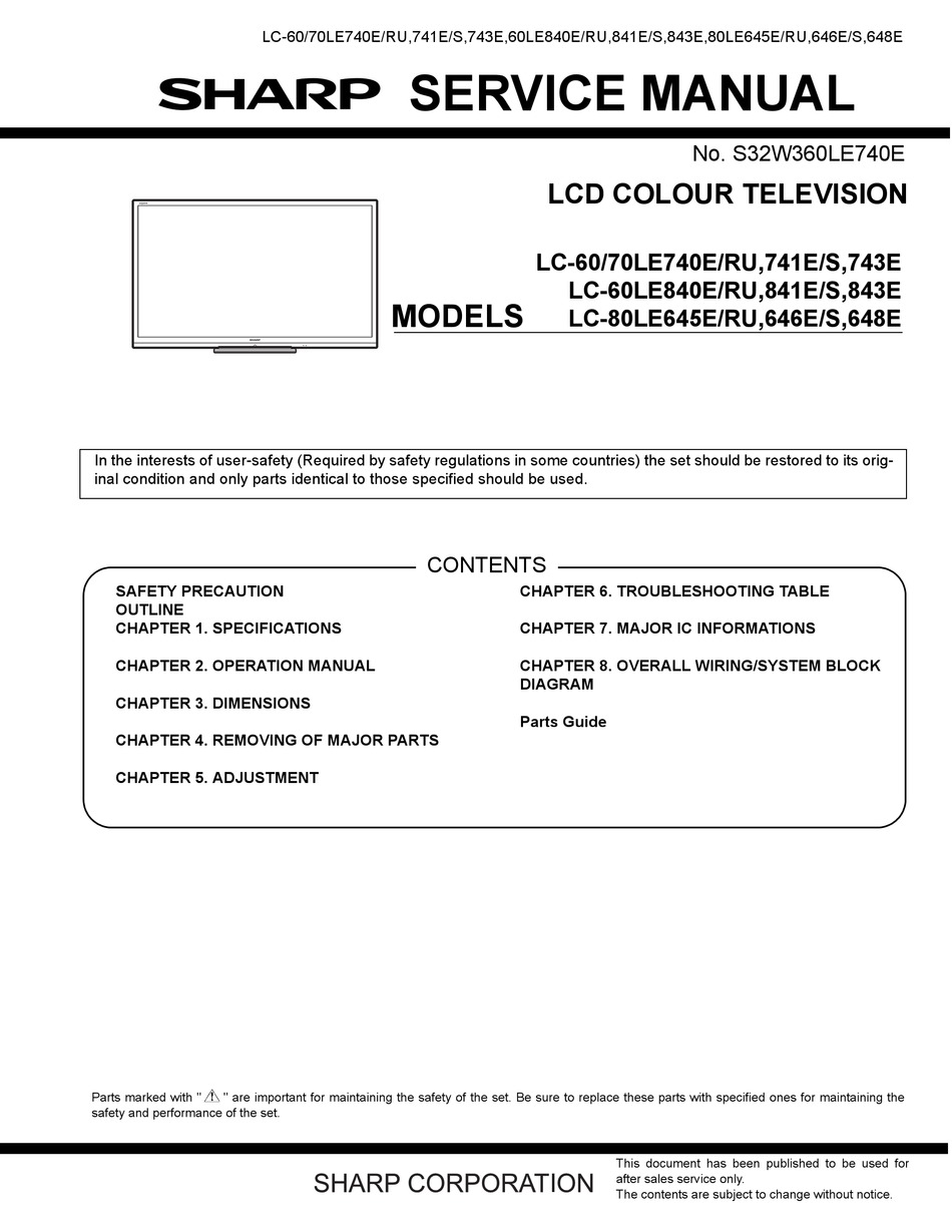 SHARP LC-60LE740E SERVICE MANUAL Pdf Download | ManualsLib