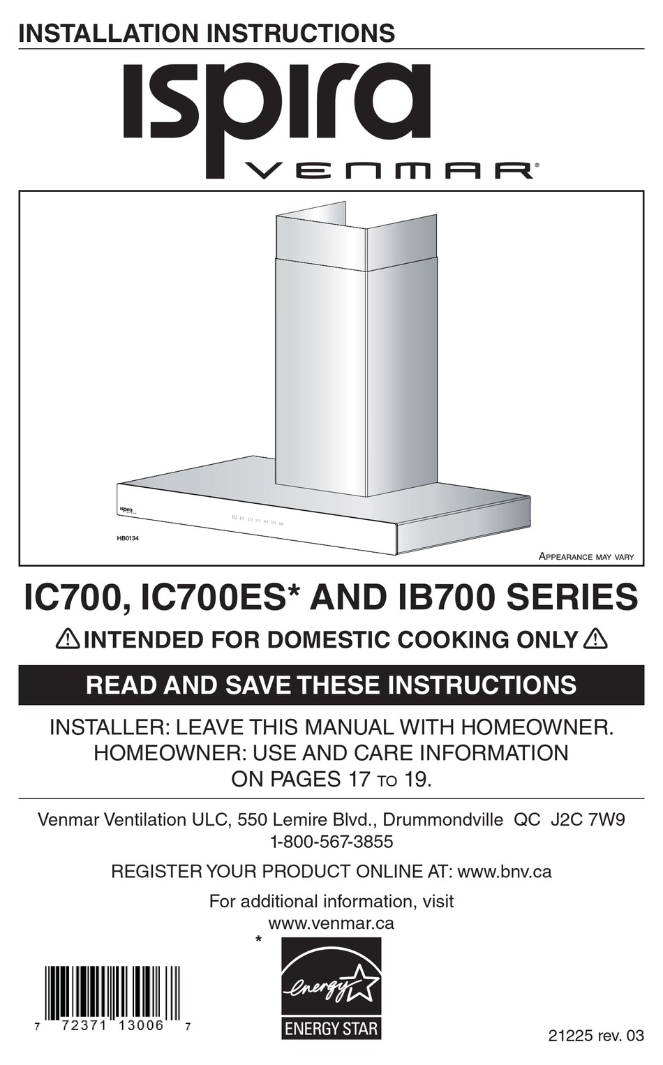 venmar ispira range hood