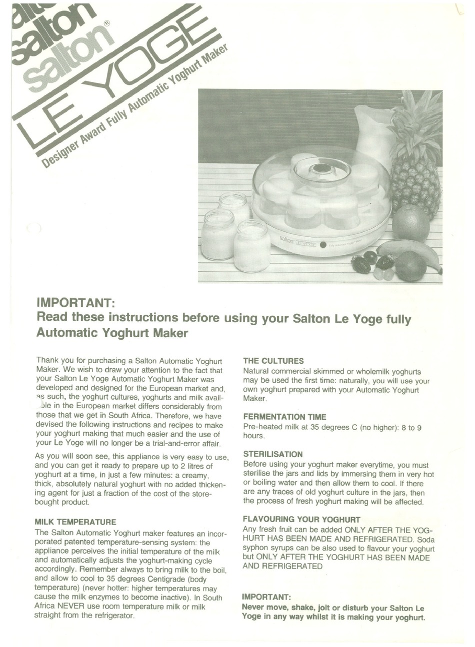 salton yogurt maker instructions gm5