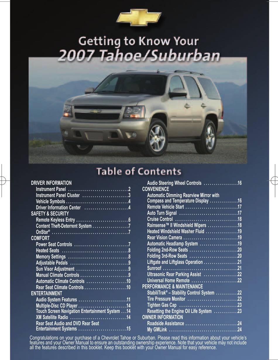 CHEVROLET TAHOE 2007 GETTING TO KNOW MANUAL Pdf Download | ManualsLib