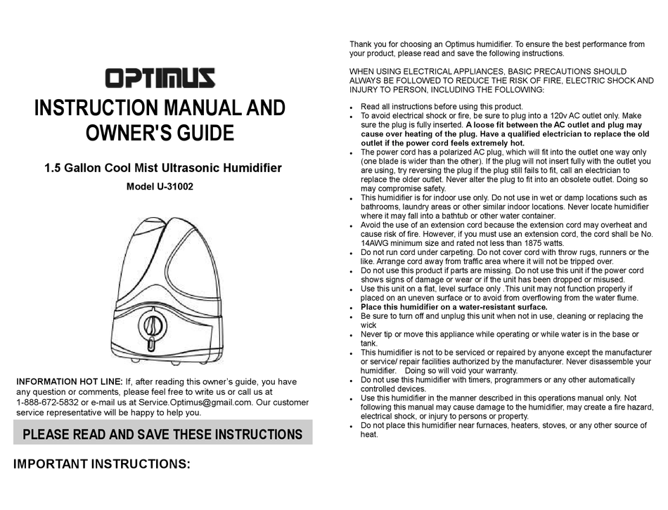 OPTIMUS U31002 INSTRUCTION MANUAL AND OWNER'S MANUAL Pdf Download