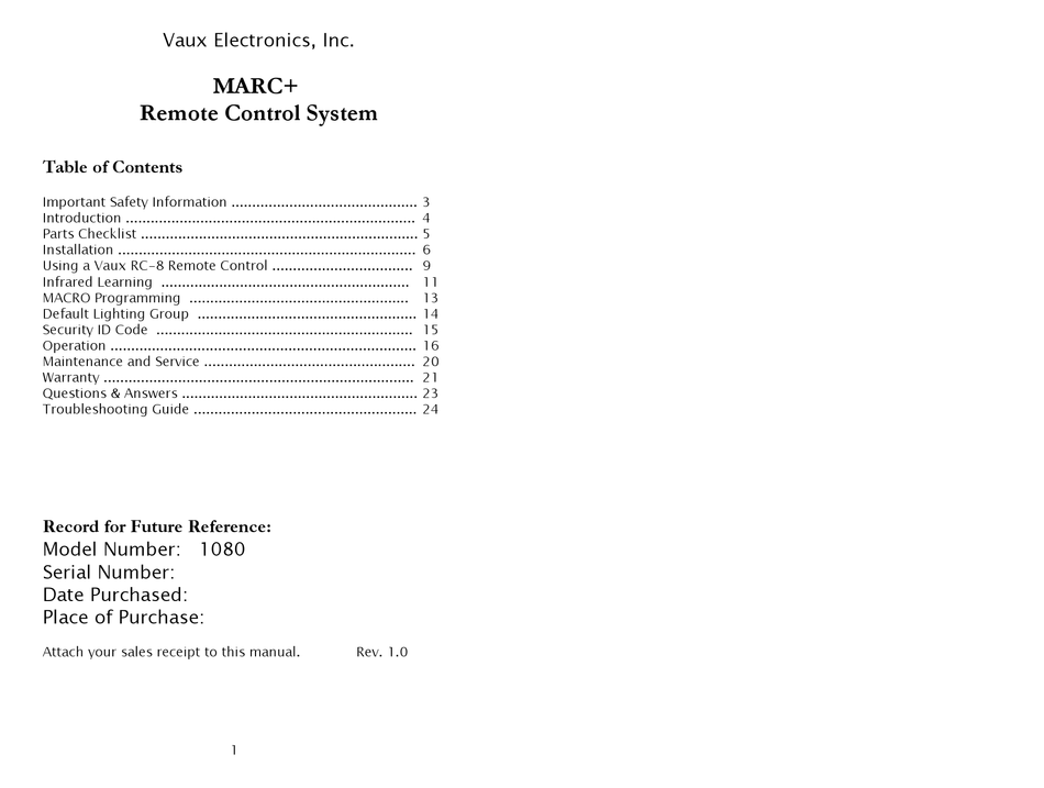 VAUX ELECTRONICS MARC PLUS INSTRUCTIONS MANUAL Pdf Download ManualsLib