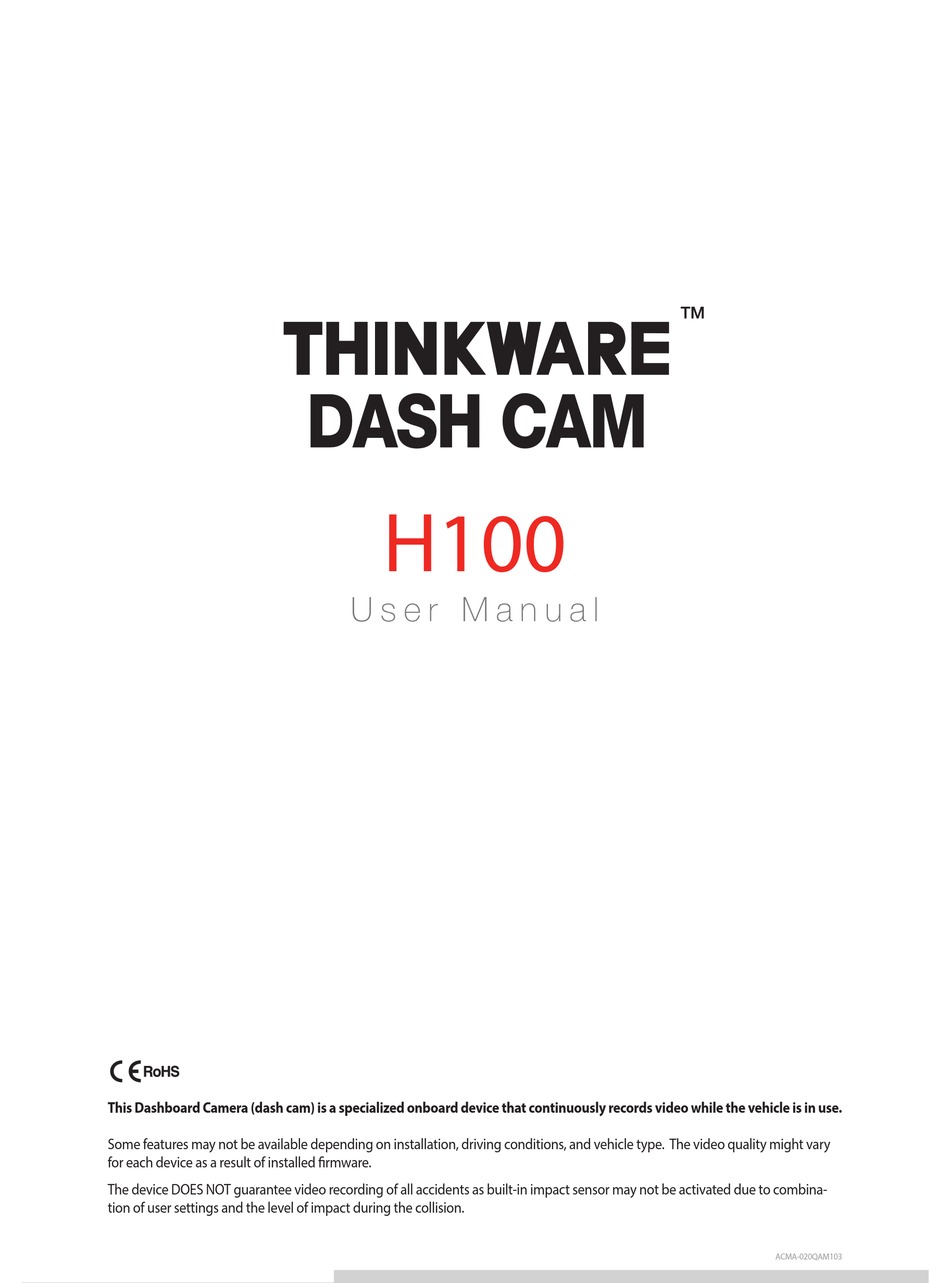 Thinkware H100 User Manual Pdf Download Manualslib