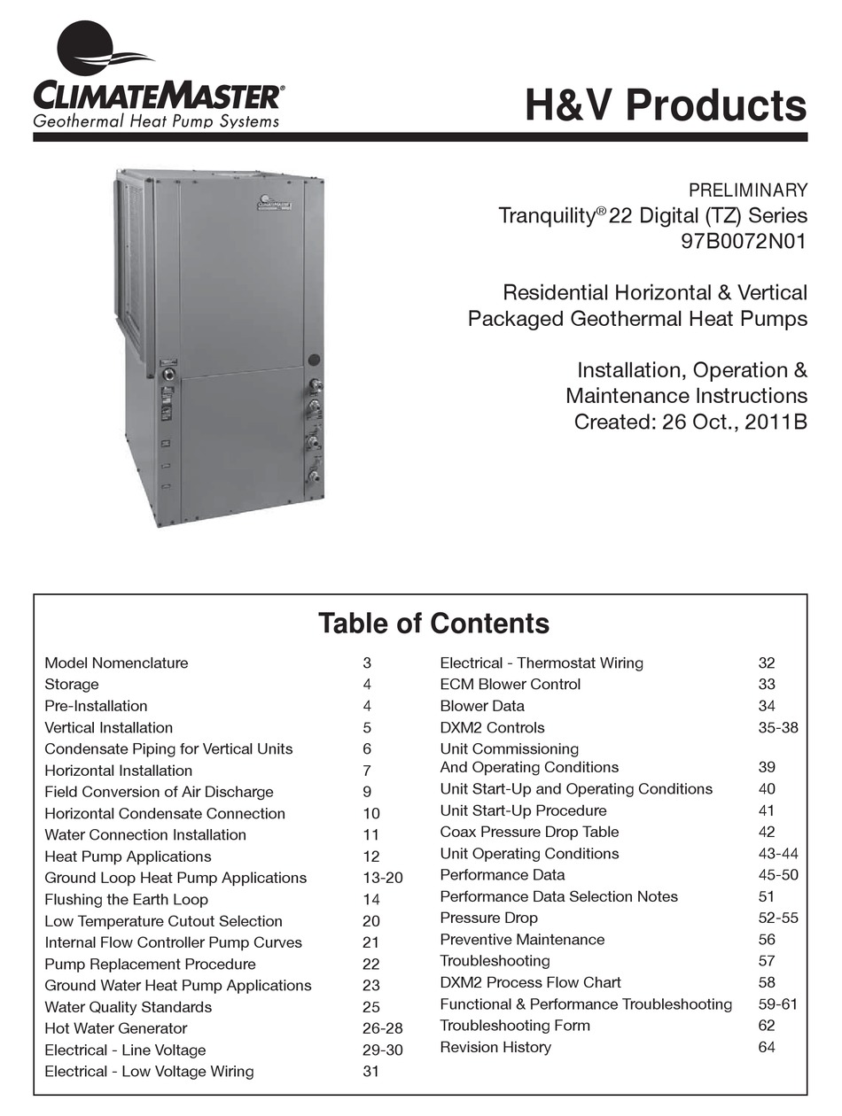CLIMATEMASTER TRANQUILITY 97B0072N01 INSTALLATION, OPERATION