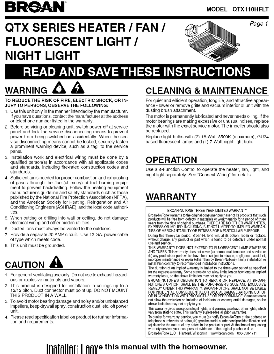 BROAN QTX110HFLT INSTRUCTION MANUAL Pdf Download ManualsLib