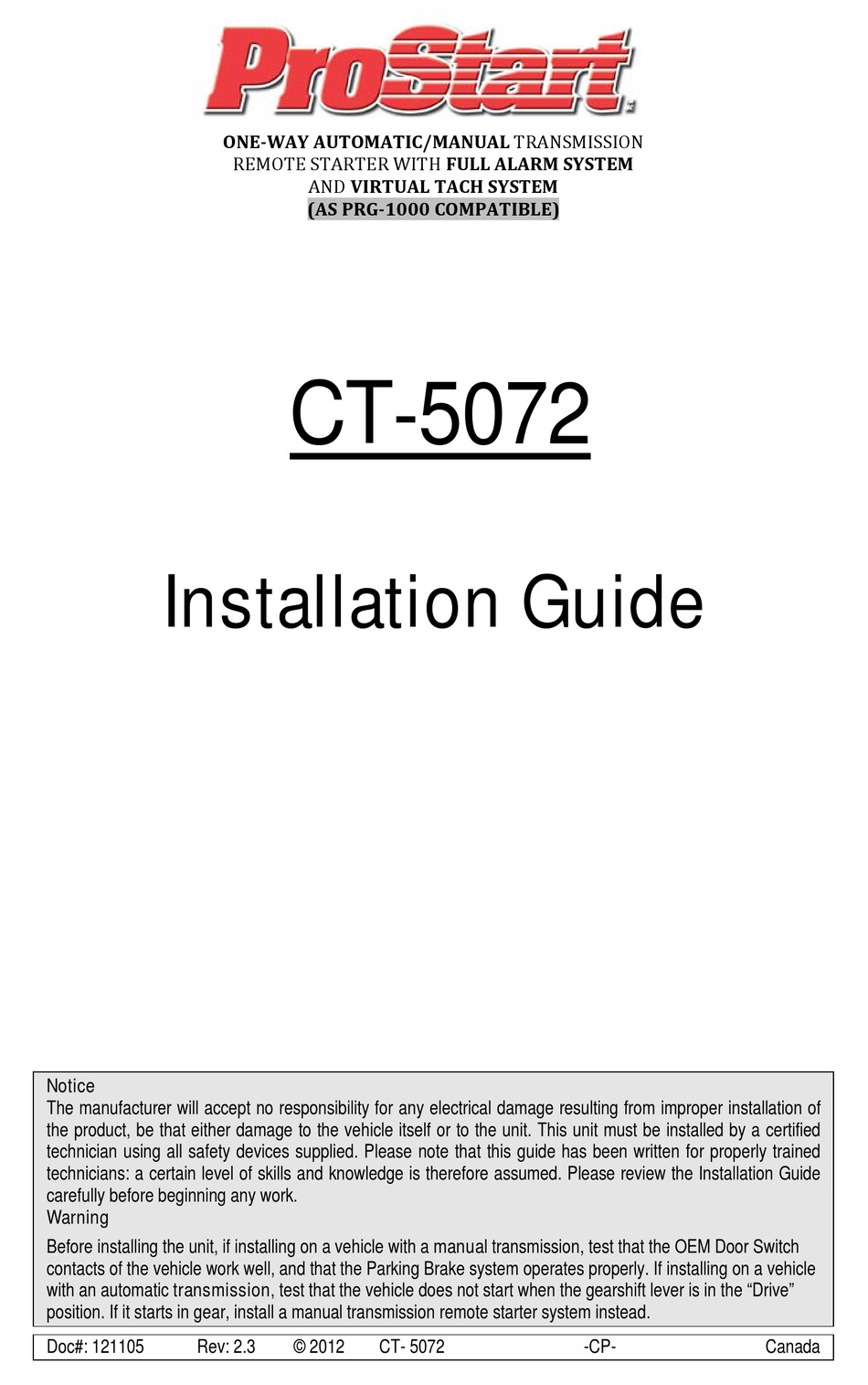 Prostart Ct 5072 Installation Manual