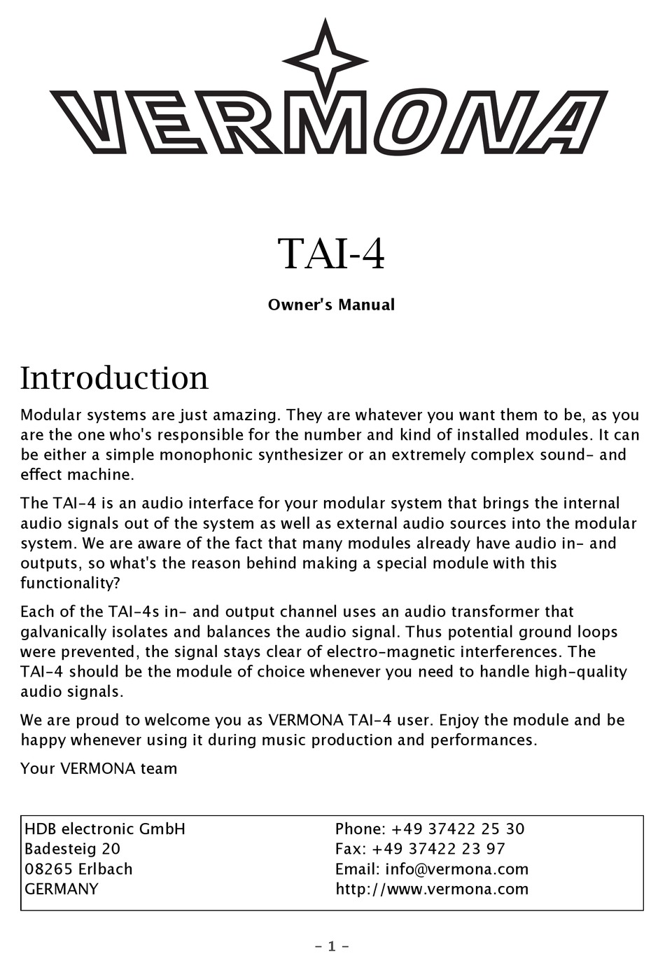 VERMONA TAI-4 OWNER'S MANUAL Pdf Download | ManualsLib