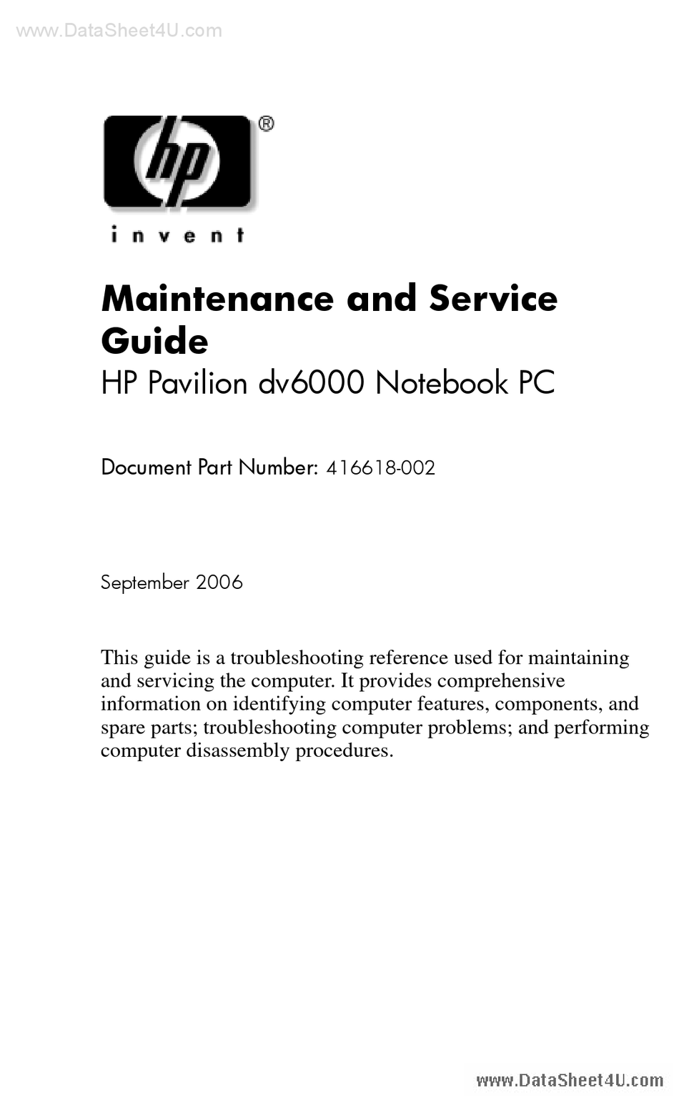 Hp Pavilion Dv6000 Maintenance And Service Manual Pdf Download Manualslib