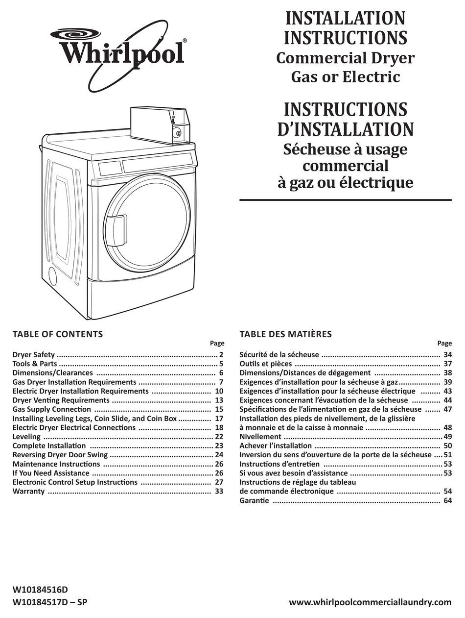 WHIRLPOOL W10184516D INSTALLATION INSTRUCTIONS MANUAL Pdf Download