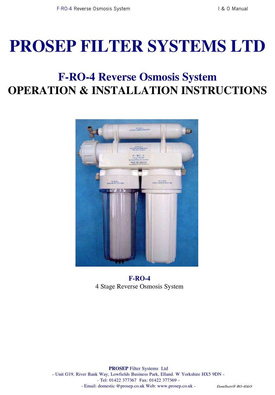 PROSEP FILTER SYSTEMS FRO4 OPERATION & INSTALLATION INSTRUCTIONS Pdf