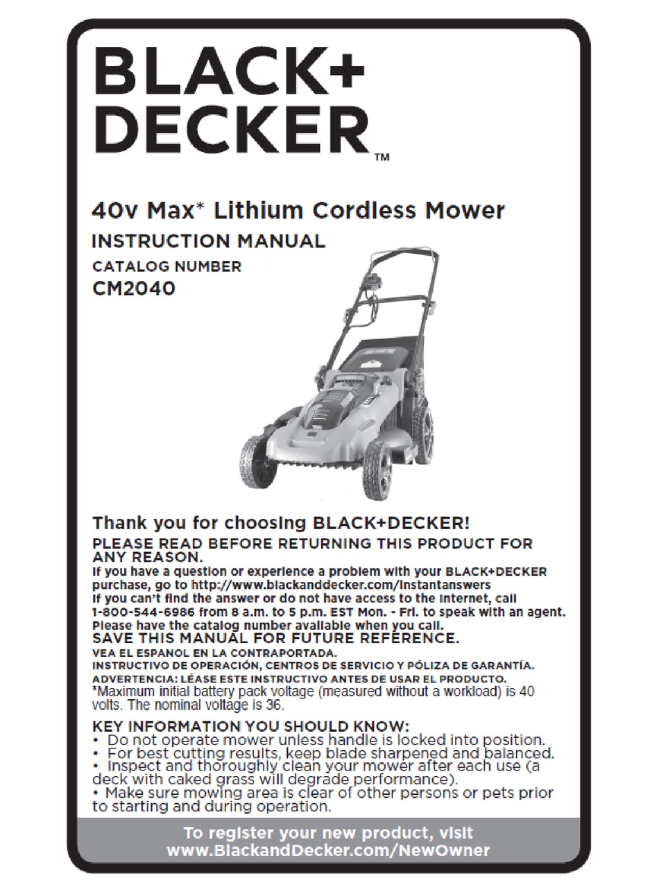 Black decker cm2040 40v lithium 3 in 1 cordless mower Black Decker Cm2040 Instruction Manual Pdf Download Manualslib