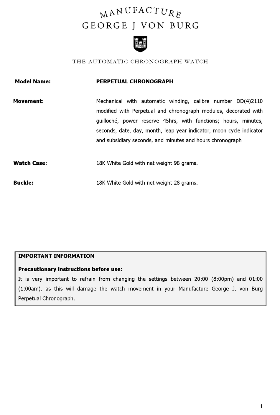 GEORGE J VON BURG PERPETUAL CHRONOGRAPH INSTRUCTION MANUAL Pdf Download ManualsLib