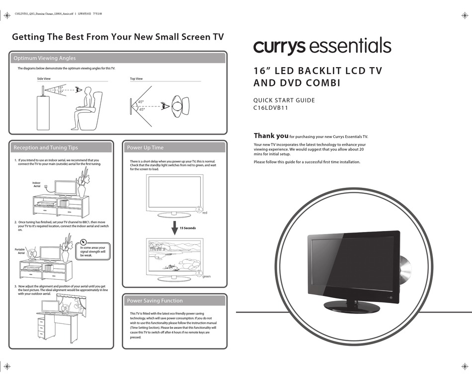 CURRYS ESSENTIALS C16LDVB11 QUICK START MANUAL