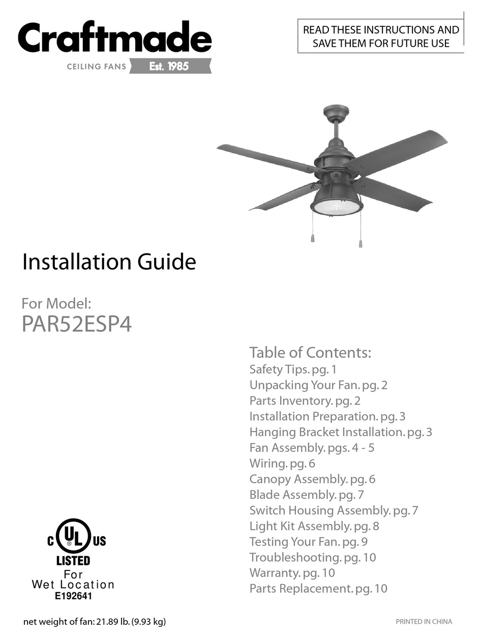 Craftmade Par52esp4 Installation Manual Pdf Download Manualslib