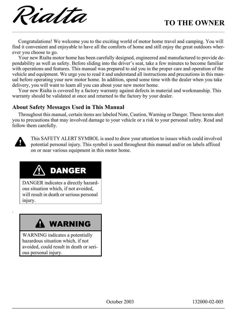 Winnebago 2005 Rialta Owner S Manual Pdf Download Manualslib