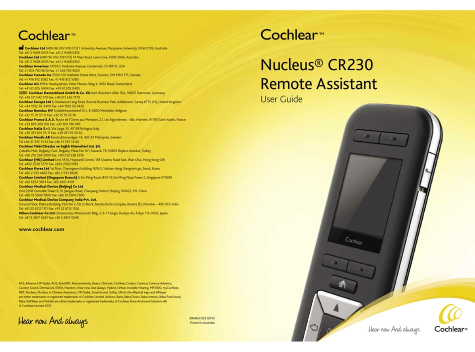 COCHLEAR NUCLEUS CR230 USER MANUAL Pdf Download | ManualsLib