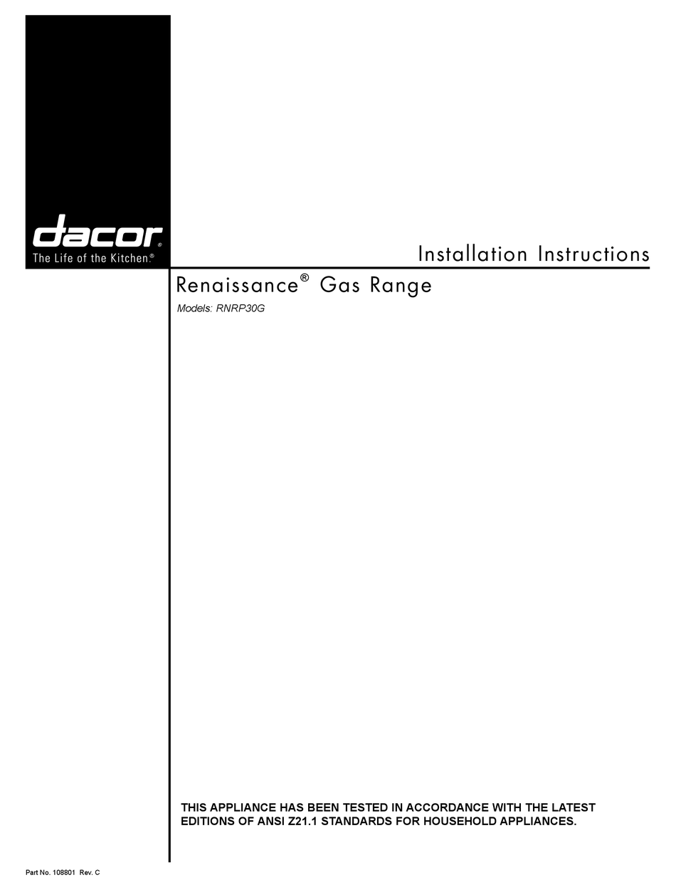 DACOR RENAISSANCE RNRP30G INSTALLATION INSTRUCTIONS MANUAL Pdf Download