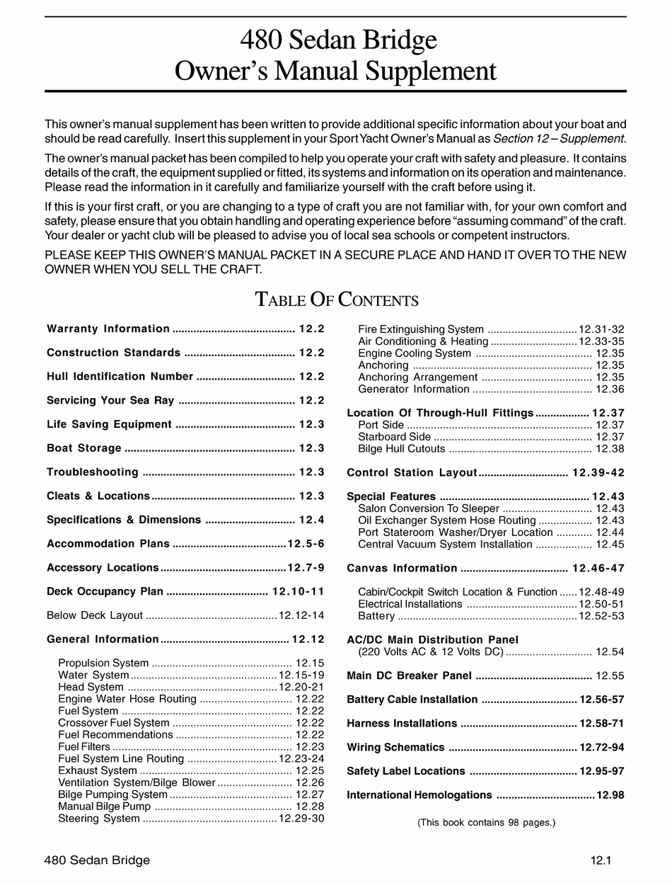 SEA RAY 480 SEDAN BRIDGE OWNER'S MANUAL SUPPLEMENT Pdf Download ...